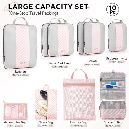 10 Set Compression Packing Cubes for Travel Essentials,Compressible Expandable Packing Cubes for Suitcase,OlarHike Luggage Organizer Bags for Travel,Handy Helper for Organizing Clothes(Pink Stripped)