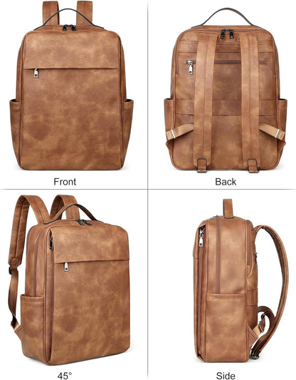 MASINTOR 15.6 inch PU Leather Laptop Backpack Purse for Women, Large College Casual Backpack Travel Bag Mocha Brown