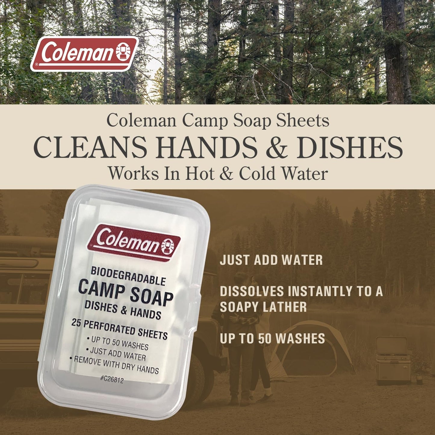 Coleman Camp Soap Sheets – 25 Travel Soap Sheets for Camping, Hiking & Backpacking – Perforated for 50 Washes, Dissolves Instantly in Hot or Cold Water, TSA-Approved for Travel