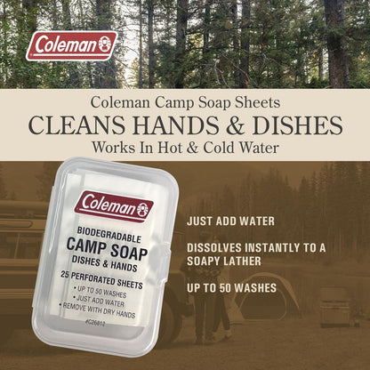 Coleman Camp Soap Sheets – 25 Travel Soap Sheets for Camping, Hiking & Backpacking – Perforated for 50 Washes, Dissolves Instantly in Hot or Cold Water, TSA-Approved for Travel