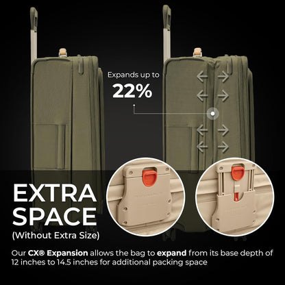Briggs & Riley 29" Large Expandable Spinner - Checked Luggage for Travel, Suitcases with Wheels, Softside Rolling Bag for Men & Women, Self-Repairing Zipper - Baseline Collection, Olive