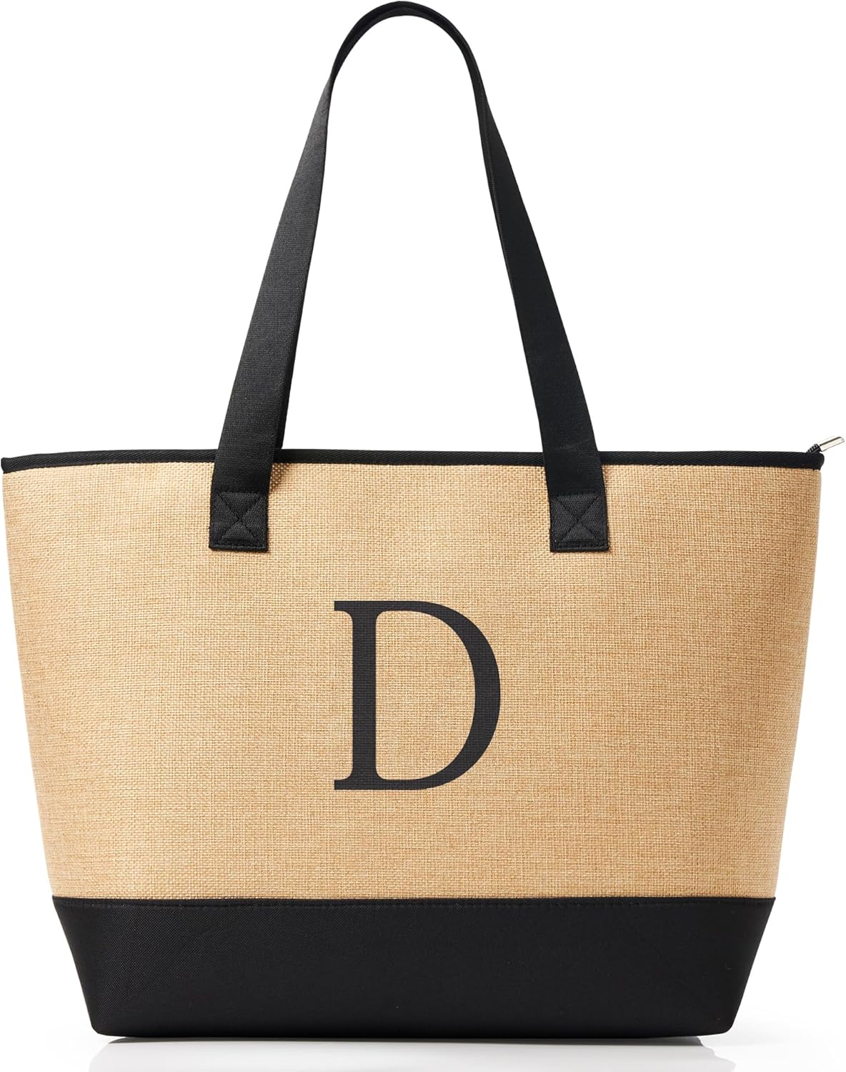 KALIDI Woven Tote Bag for Women, Lightweigh Monogram Beach Bag with Zipper & Sand-Proof Canvas Base, Personalized Gift