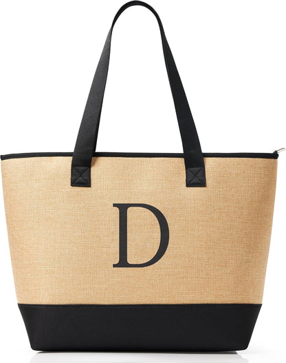 KALIDI Woven Tote Bag for Women, Lightweigh Monogram Beach Bag with Zipper & Sand-Proof Canvas Base, Personalized Gift