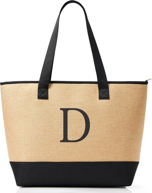 KALIDI Woven Tote Bag for Women, Lightweigh Monogram Beach Bag with Zipper & Sand-Proof Canvas Base, Personalized Gift