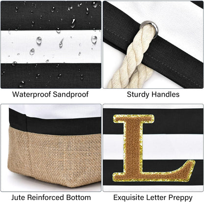 Becokan Beach Bag Initial Beach Tote with Makeup Bag for Travel Work Storage Personalized Birthday Gifts for Women Her