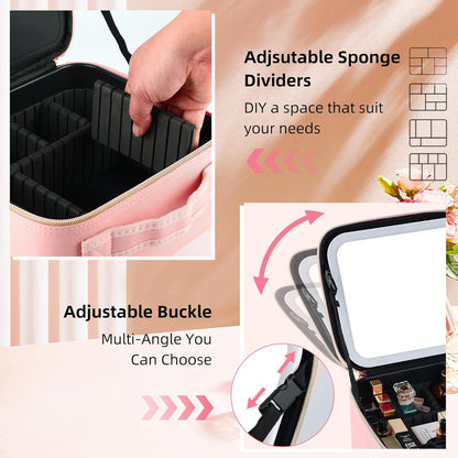 Travel Makeup Bag with LED Mirror – Waterproof Cosmetic Train Case with Adjustable Dividers, Portable Makeup Organizer and Toiletry Bag for Women, Teens & Girls Gift, Pink