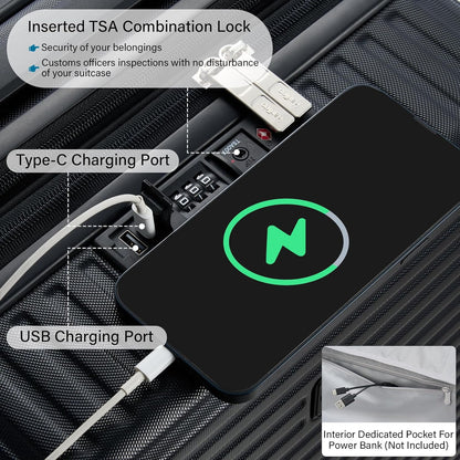 Hard Shell Suitcases Expandable Travel Luggage Sets 2 Piece, Carry on and Check in Luggage Lightweight Suitcase Set 2 Piece with Wheels Cup Holder Charger Built in (Black, 20/28)