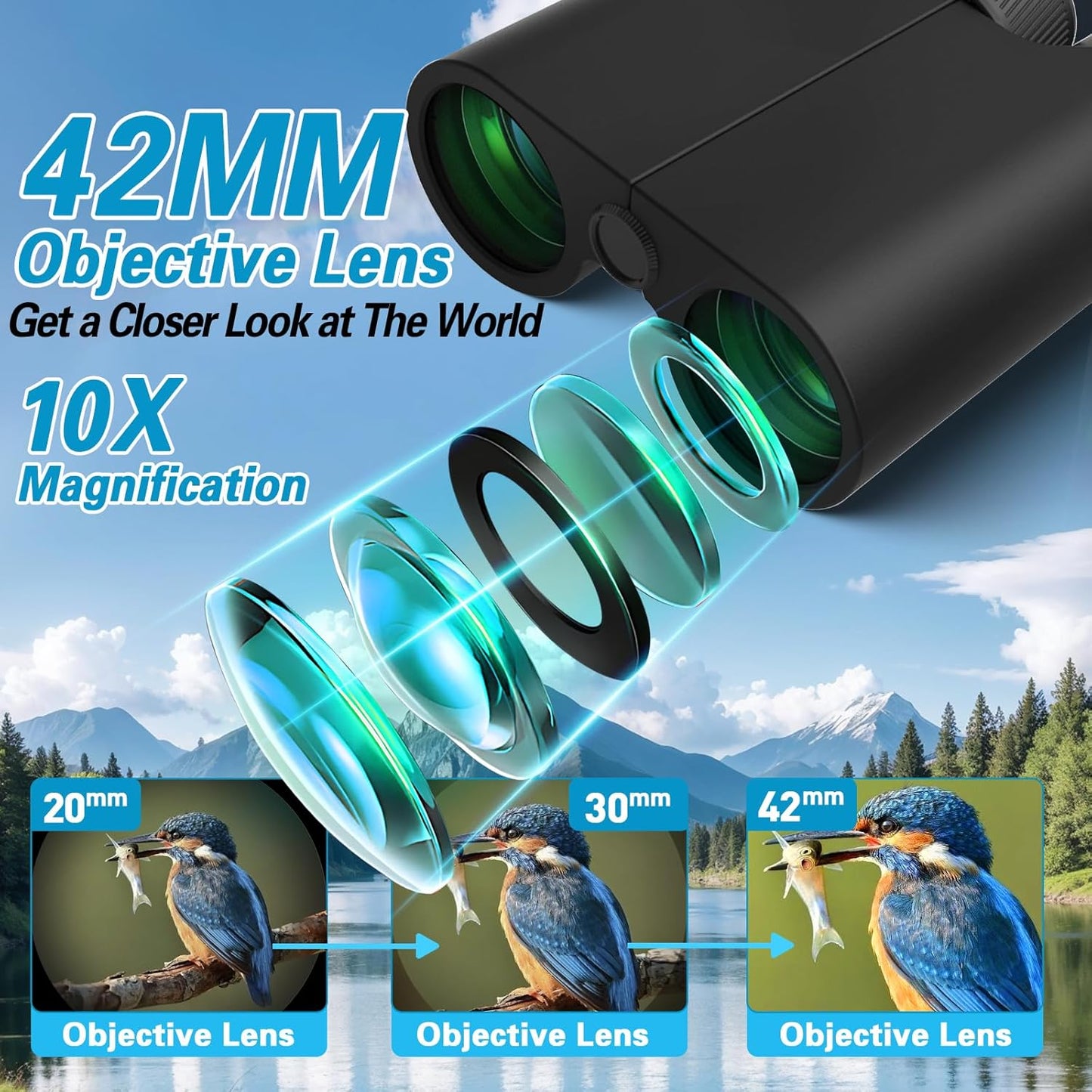 10x42 Binoculars for Adults High Powered Compact Binoculars with Low Light Night Vision for Bird Watching Hunting Travel Outdoor Sports, Easy to Focus