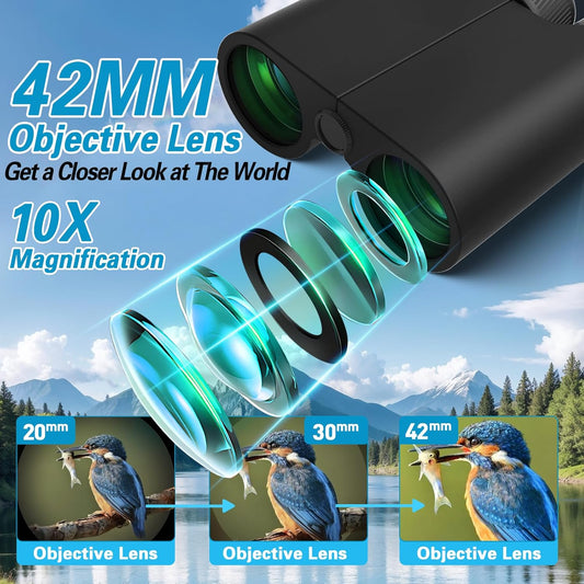 10x42 Binoculars for Adults High Powered Compact Binoculars with Low Light Night Vision for Bird Watching Hunting Travel Outdoor Sports, Easy to Focus
