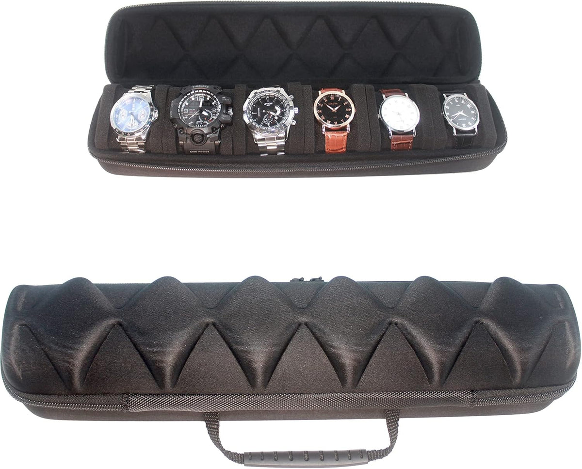 Watch roll travel case organizer for 6 watches, Storage Organizer and Display with innovative watch pillow, fit large up to 60mm faced watches (Black, 6 Slot)