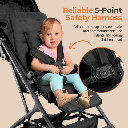 Jovial Lightweight Baby Stroller, Folding Travel Stroller with Reclining Seat, Canopy, 5-Point Safety Harness, Storage Basket, Smooth Wheels, Compact Portable Design (39.8" x 18.7" x 32.3")