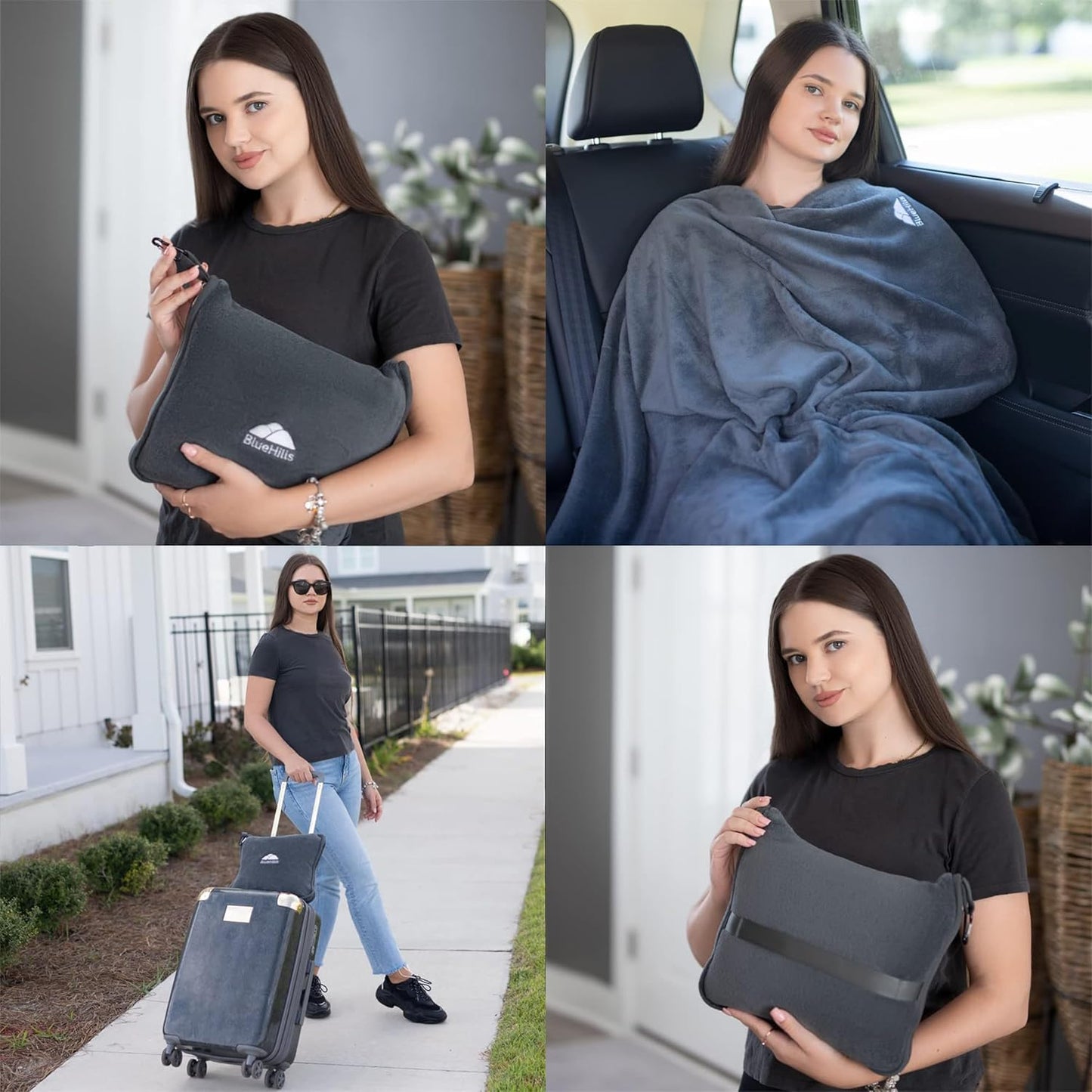 BlueHills 2-Pack Premium Soft Travel Blanket Pillow Airplane Blanket in Soft Bag Pillowcase with Hand Luggage Belt and Backpack Clip, Compact Pack Large Blankets for Any Travel (Grey Gray T013)