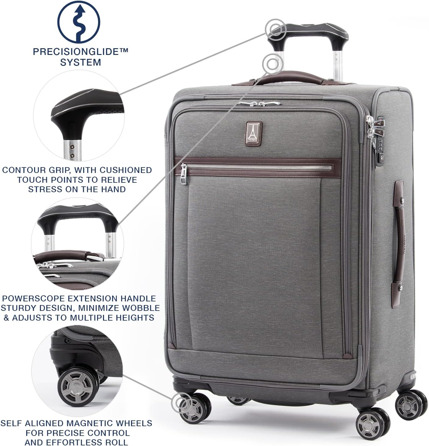 Travelpro Platinum Elite Softside Expandable Checked Luggage, 8 Wheel Spinner Suitcase, TSA Lock, Men and Women, Vintage Grey, Checked Medium 25-Inch