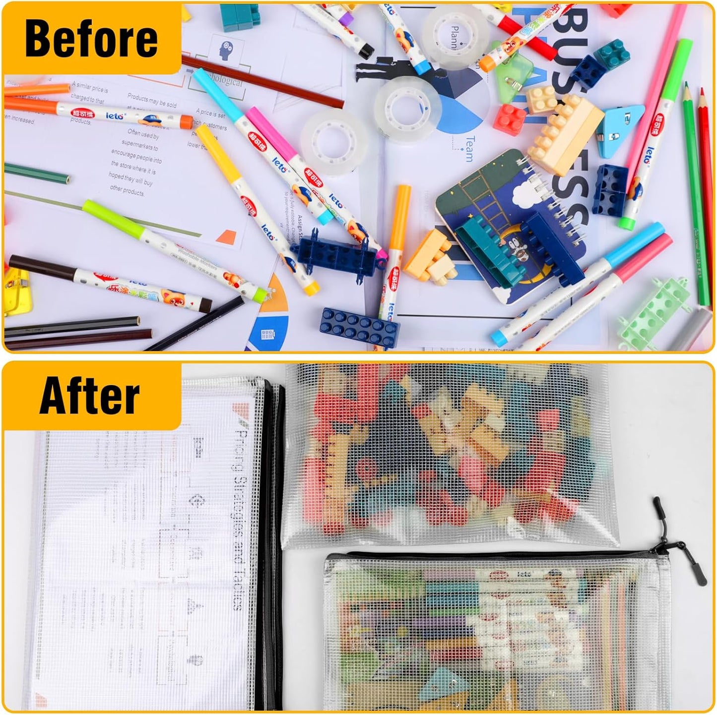 60pcs Large Mesh Zipper Pouch File Bags Reusable Zippered Pouches for Organizing Classroom, Board Game Storage, Puzzle Bags Black