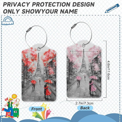 Set of 2 Luggage Tags for Suitcases, Leather Romantic Eiffel Tower Baggage Tags with Stainless Steel Loop, Privacy Name ID Card Cover Kawaii Travel Labels for Women Men Kids Girls