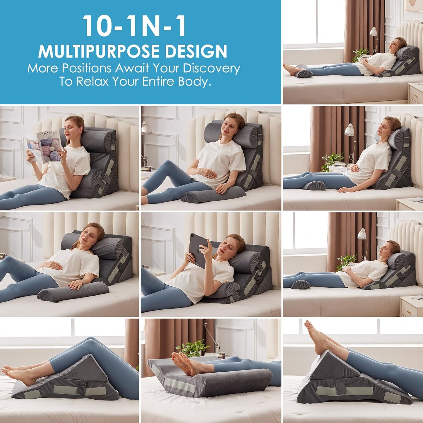 4PCS Bed Wedge Pillow for Headboard, Adjustable Wedge Pillow for Sleep Apnea, 23” Wide Triangle Pillow Wedge Set for After Surgery, Acid Reflux Relief, Snoring, Neck&Back Support, Grey