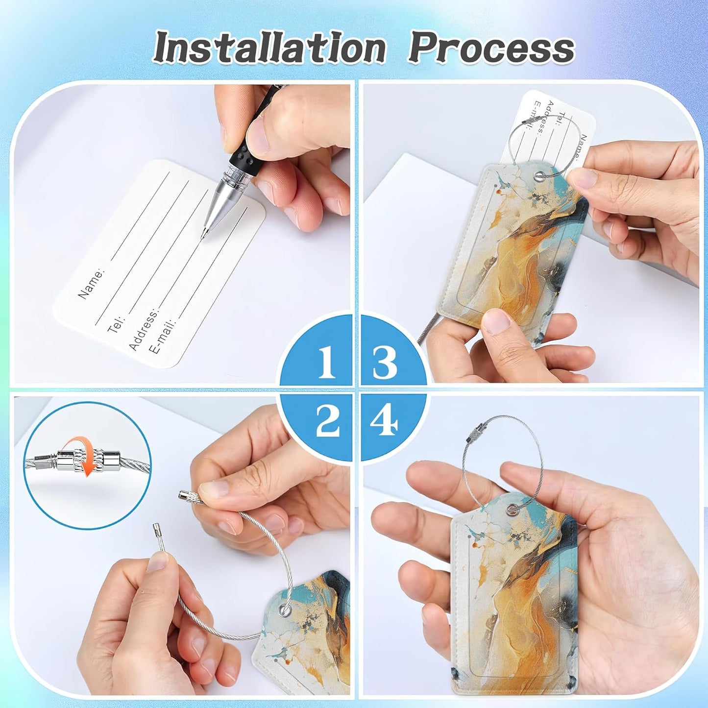 3 Pack Luggage Tag for Suitcase,Marble Gold Blue Leather Luggage Tags with Privacy Cover Name ID Label Identifiers Travel Bag Tags for Women Men Boys Girls