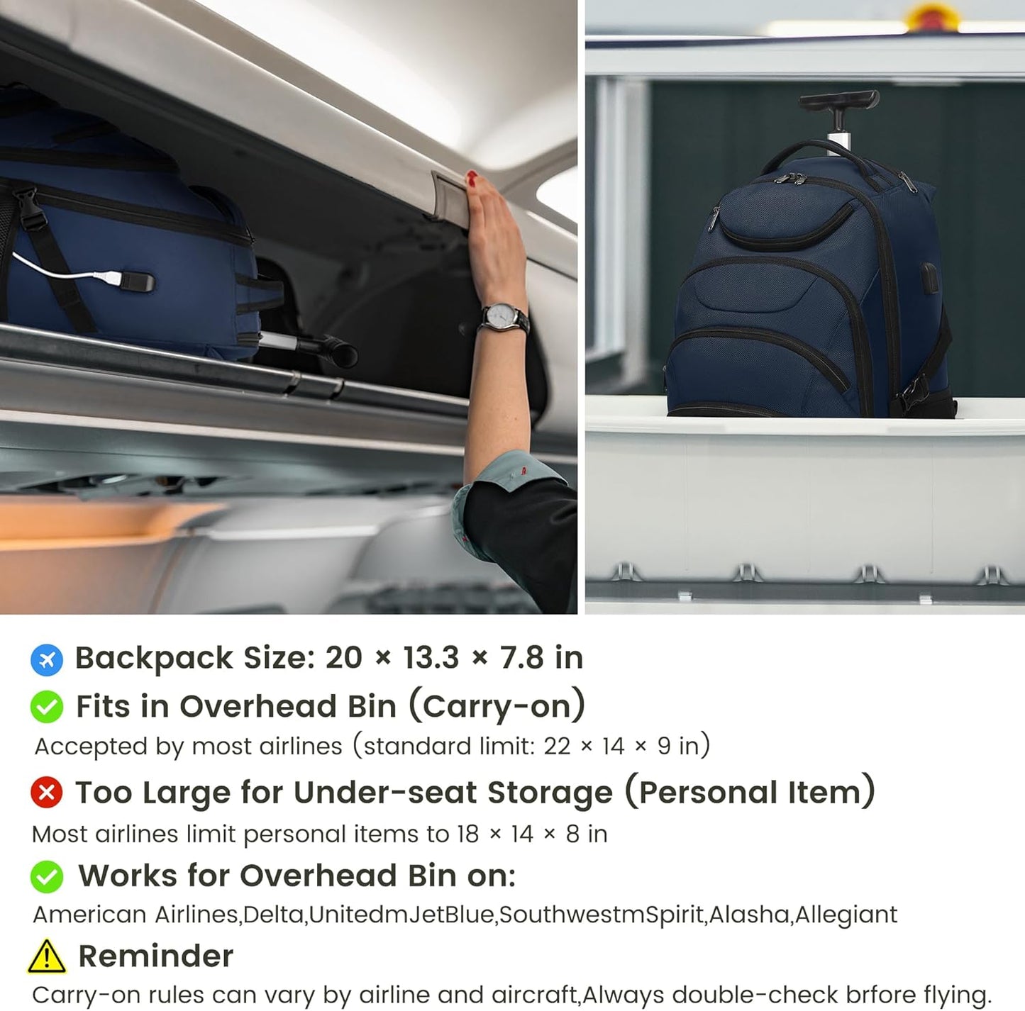 Boavan Rolling Backpack,17 inch Water Resistant Wheeled Backpack,Carry on Luggage Business Bag, Overnight College Computer bag Trolley Suitcase for Men Women Adults to Travel，Black