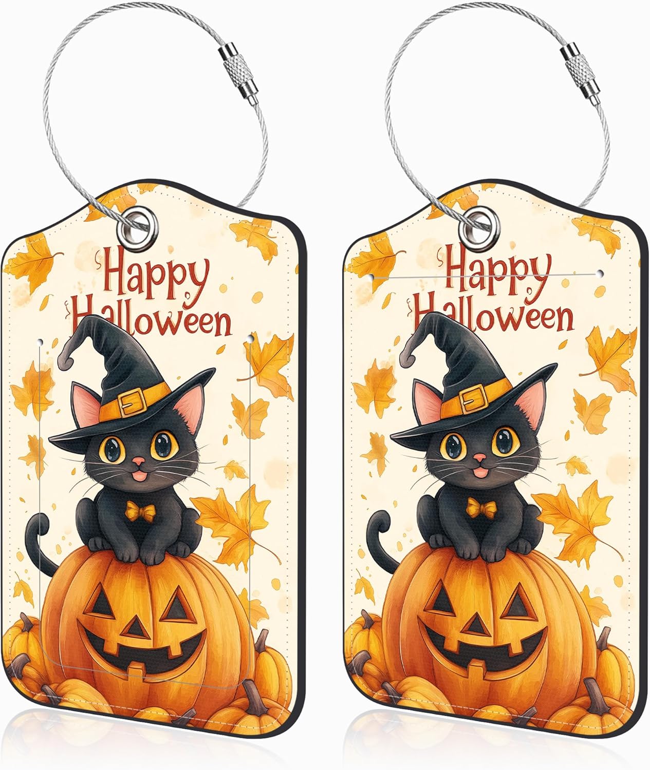 Halloween 2 Pack Luggage Tags for Suitcases Cute Black Cat on Pumpkin Leather Luggage Tags Privacy Cover ID Label with Stainless Steel Loop and Address Card for Women Men Travel Bag Backpack