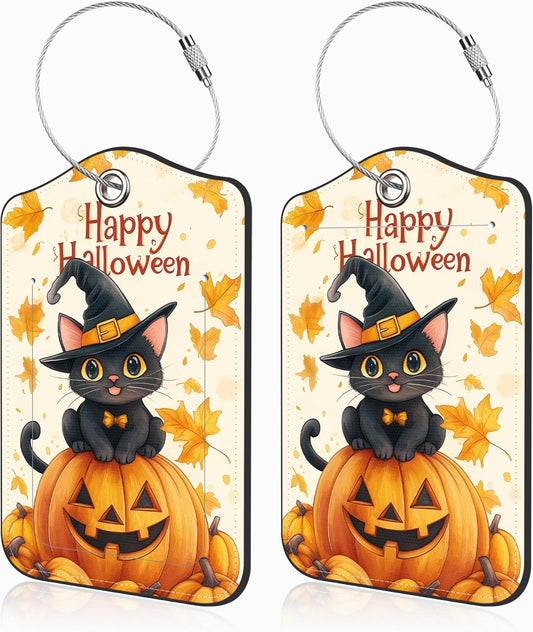 Halloween 2 Pack Luggage Tags for Suitcases Cute Black Cat on Pumpkin Leather Luggage Tags Privacy Cover ID Label with Stainless Steel Loop and Address Card for Women Men Travel Bag Backpack