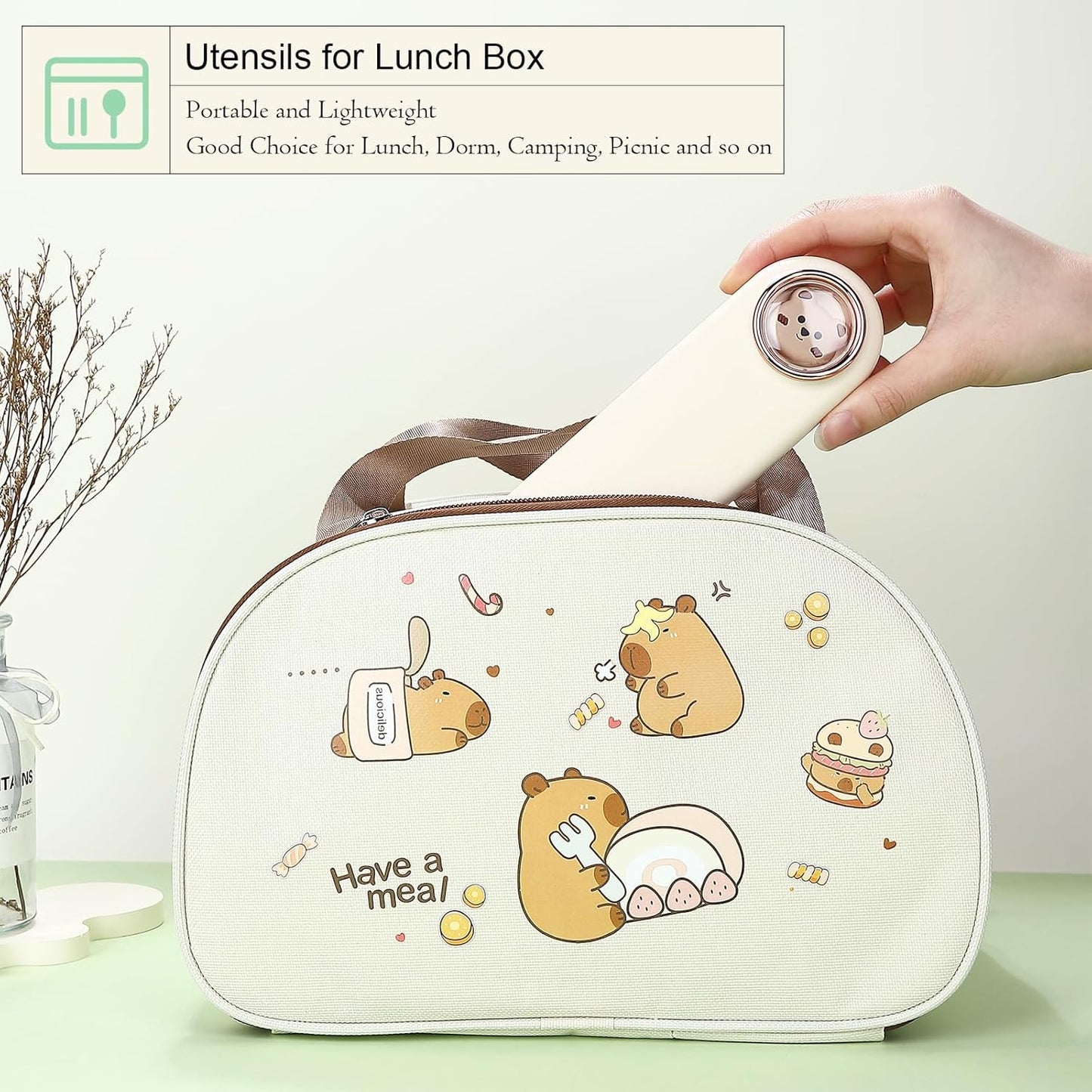 DEVICO Travel Utensils with Case Cute, Reusable Silverware for Lunch, Portable Cutlery Set, 18/8 Stainless Steel Fork Spoon Chopsticks in Cartoon Case, Dishwasher Safe (Light Yellow)