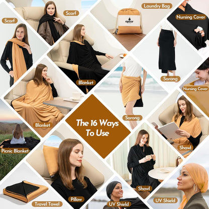 16-in-1 Compact Travel Blanket with Bag – Reversible, Ultra Soft Bamboo Airplane Blanket with Hidden Pocket - Lightweight & Packable for Flights, Camping, Picnic, Travel Essentials