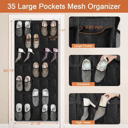 FENTEC 35 Large Pockets Over The Door Shoe Organizer, Mesh Hanging Shoe Organizer Shoe Rack for Closet Mesh Closet Shoe Holder, Over Door Organizer, Shoe Organizer for Wall, Black, 1 Pack