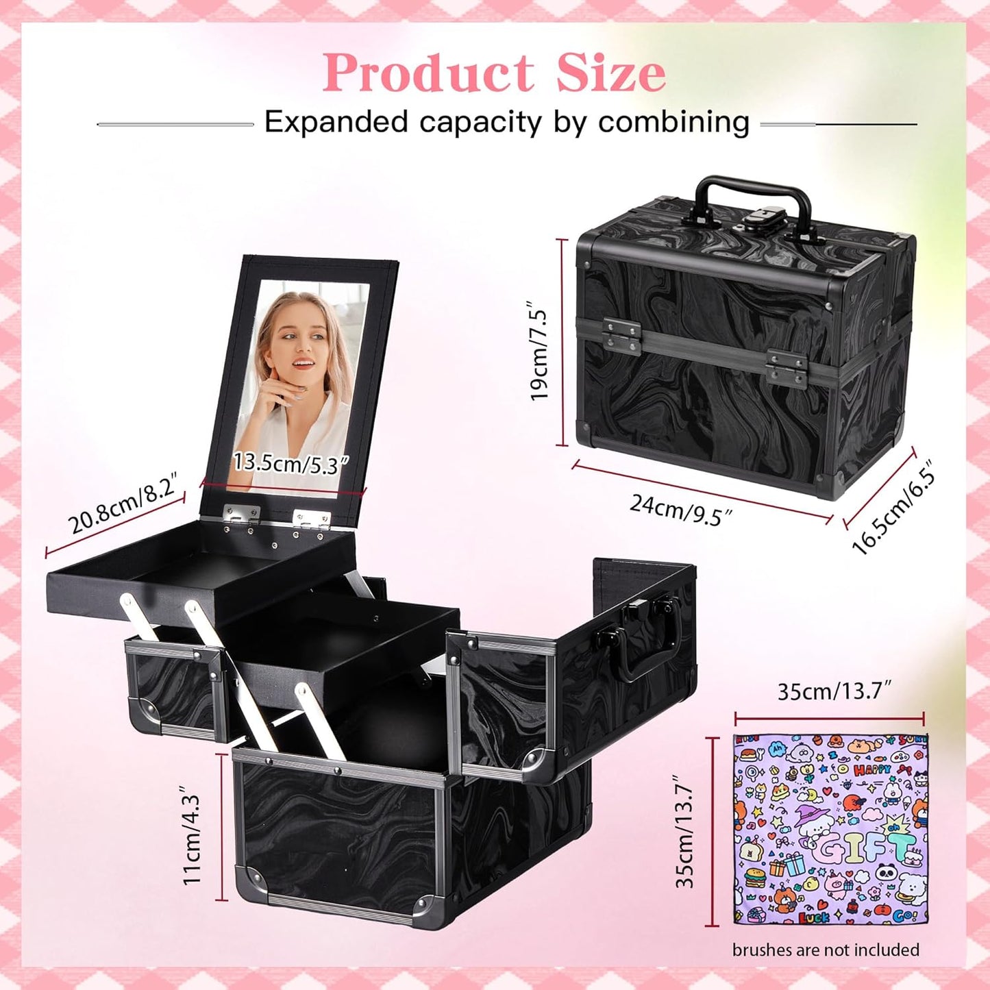 Makeup Train Case, Portable Makeup Case with Mirror, 2-Trays Cosmetic Organizer Case,Nail Polish Organizer, Travel Makeup Box, Profesional for Salon Barber, Pattern Black