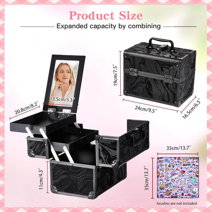 Makeup Train Case, Portable Makeup Case with Mirror, 2-Trays Cosmetic Organizer Case,Nail Polish Organizer, Travel Makeup Box, Profesional for Salon Barber, Pattern Black