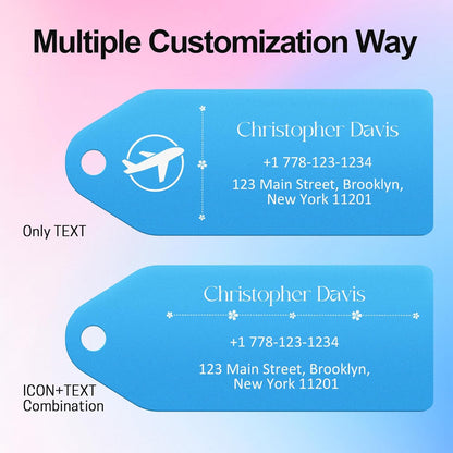 4 PCS Personalized Metal Luggage Tag – Personalized Engraved Suitcase Tag, Backpack Tag, with Matching Color Strap, Waterproof Suitcase Name Badge – Ideal Corporate Gift & Travel Accessory (Blue)