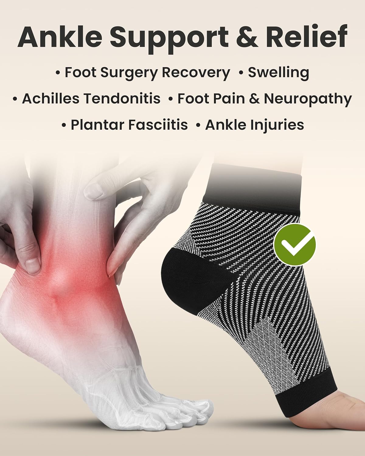 KEMFORD Ankle Compression Sleeve - Plantar Fasciitis Braces - Open Toe Compression Socks for Swelling, Sprain, Neuropathy, Foot Arch Support for Men and Women - 20-30mmhg, M, Black and White