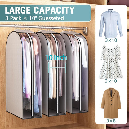 10" Gusseted Garment Bags for Hanging Clothes 40" Suit Bags for Open Closet Storage, Side Clear Clothing Cover for Coat, Dress, Jacket, Shirt, Fur Wardrobe Protector, 3 Packs, Grey