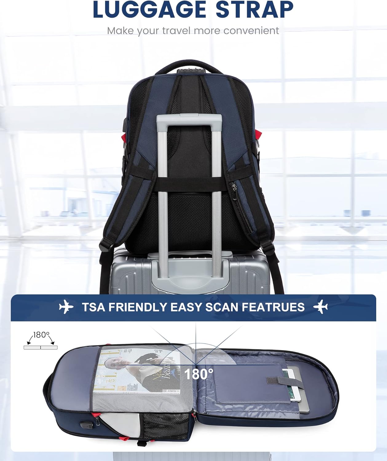 LOVEVOOK 17 inch Blue&White Travel Laptop Backpack with USB Charging Port, Anti-Theft, Water-Resistant, Modern Practical Unisex College/University Backpack