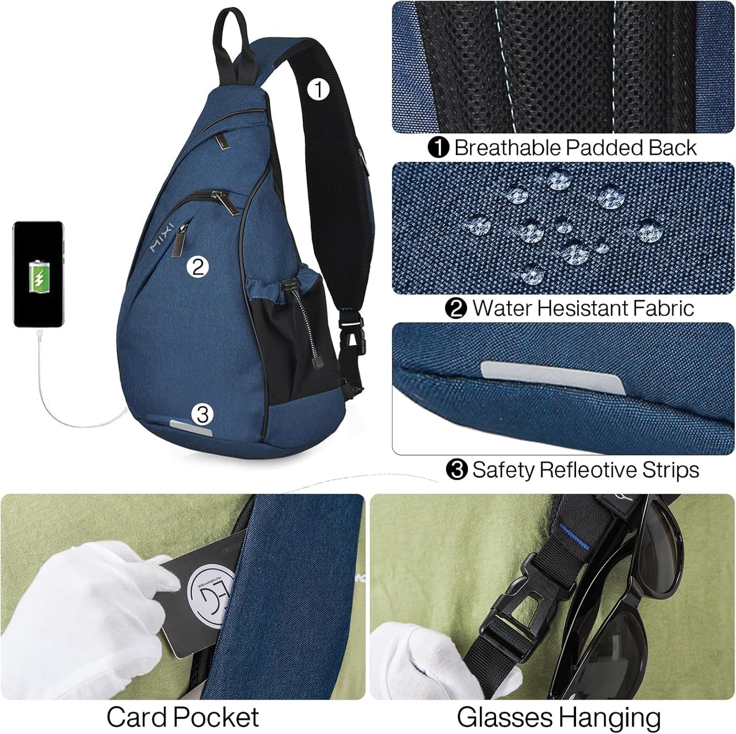 mixi Sling Bag Men Backpack Unisex One Shoulder Bag Hiking Travel Backpack Crossbody with USB Port for Men Women Versatile Casual Daypack-17 inch,Dark Blue