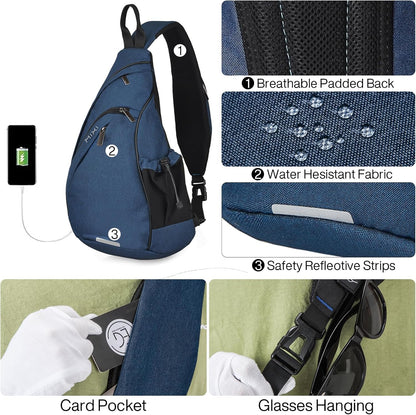 mixi Sling Bag Men Backpack Unisex One Shoulder Bag Hiking Travel Backpack Crossbody with USB Port for Men Women Versatile Casual Daypack-17 inch,Dark Blue