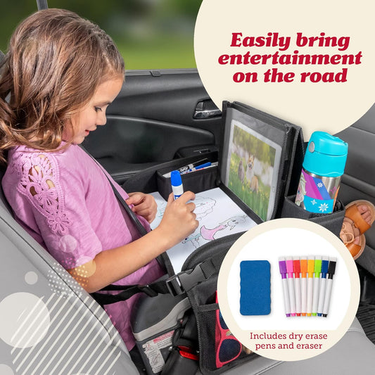 Lusso Gear Car Seat Activity Tray - 600D Oxford Cloth, Planets - Toddler Lap Tray for Kids with Tablet Holder, Dry Erase Top, Mesh Pockets & Cup Holder - Travel Accessories & Airplane Seat Organizer