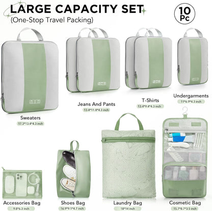 10 Set Compression Packing Cubes for Travel Essentials,Compressible Expandable Packing Cubes for Suitcase,OlarHike Luggage Organizer Bags for Travel,Handy Helper for Organizing Clothes(Matcha Green)