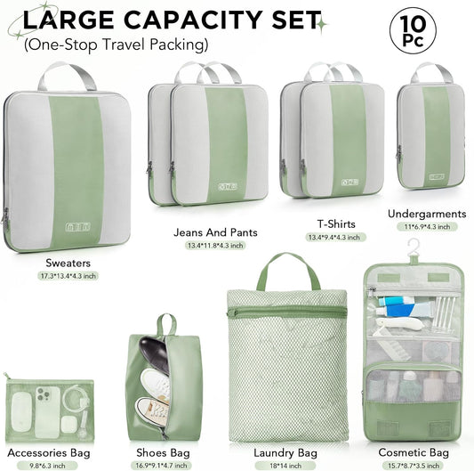 10 Set Compression Packing Cubes for Travel Essentials,Compressible Expandable Packing Cubes for Suitcase,OlarHike Luggage Organizer Bags for Travel,Handy Helper for Organizing Clothes(Matcha Green)