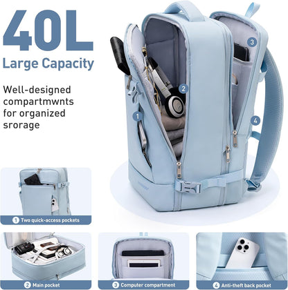 SHOWKOO Travel Backpack For Man Women, Airline Approved Carry On Laptop Backpack For Business, 40L Expandable Large Capacity Backpack, Blue