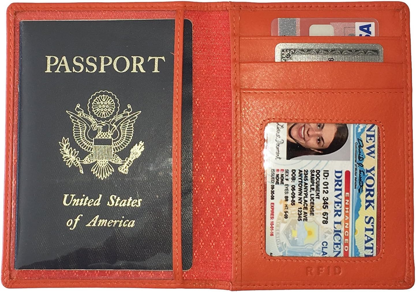 Personalized Monogrammed Orange Leather RFID Passport Wallet