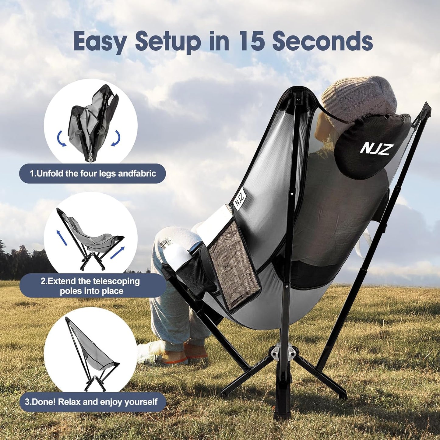 High Back Camping Folding Chairs - 600 LBS Capacity Heavy Duty Camping Chair with Comfortable Backrest & Headrest, Quick Setup - Compact Camp Chair for Picnic, Fishing, Beach, Lawn - Silver