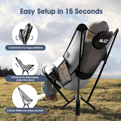High Back Camping Folding Chairs - 600 LBS Capacity Heavy Duty Camping Chair with Comfortable Backrest & Headrest, Quick Setup - Compact Camp Chair for Picnic, Fishing, Beach, Lawn - Silver