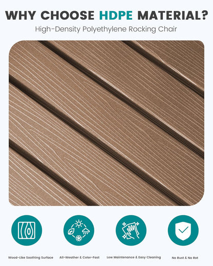 SERWALL Outdoor Rocking Chair, HDPE Patio Rocking Chair All-Weather Porch Rocker for Balcony, Yard, Brown