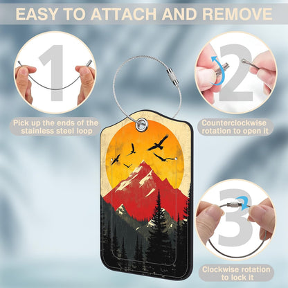 2 Pack Luggage Tags for Suitcases Mountain Landscape at Sunset Leather Luggage Tags Privacy Cover ID Label with Stainless Steel Loop and Address Card for Women Men Travel Bag Backpack