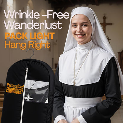 Personalized Garment bag for Hanging Clothes - Embroidered Name Garment Holder With 2 Mesh Pockets for Priest and Nun Robes - Ideal for Clergy Outfits, Uniform Cover Bag with Carry Handle - Black