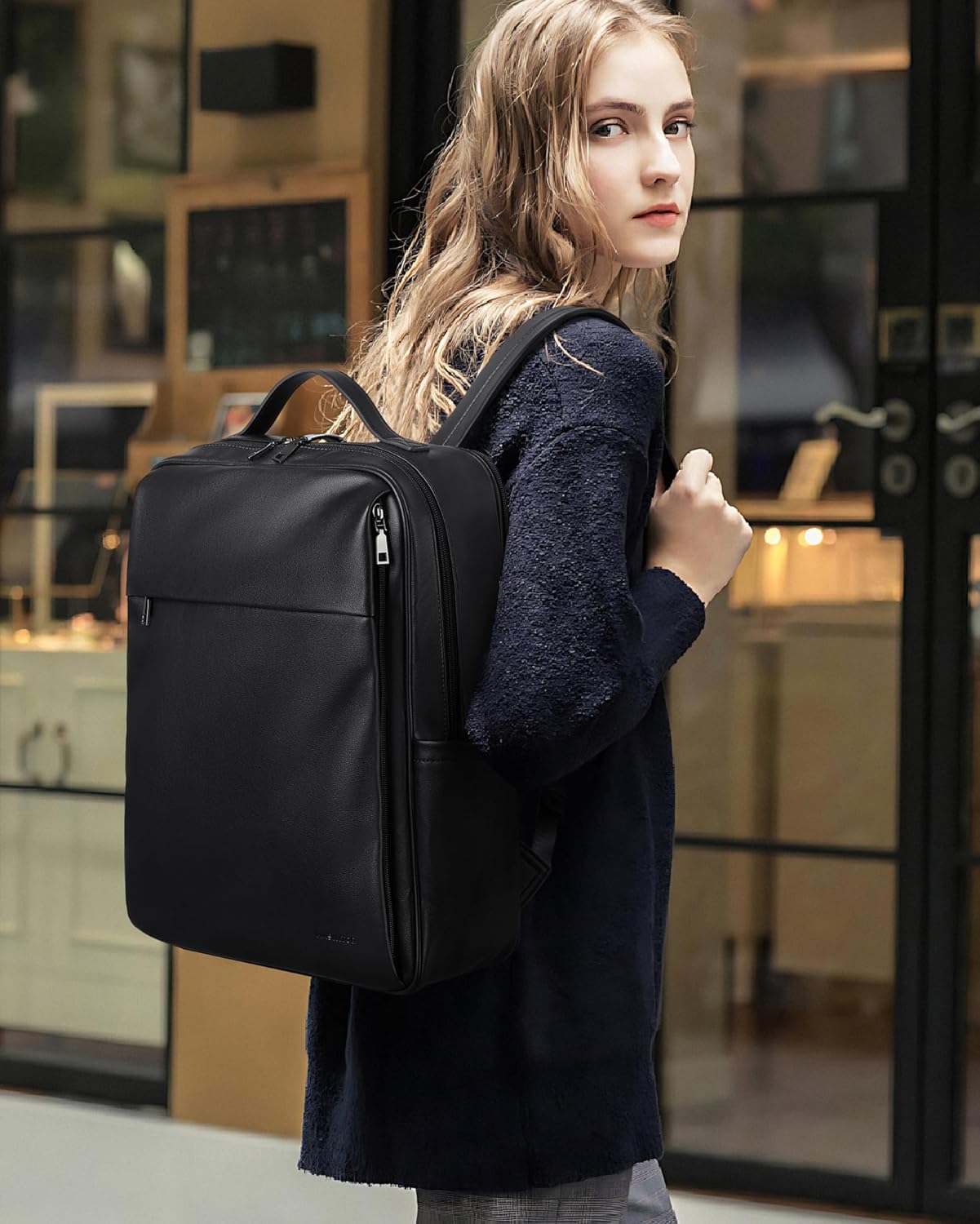 MASINTOR 15.6 inch PU Leather Laptop Backpack Purse for Women, Large College Casual Backpack Travel Bag Black