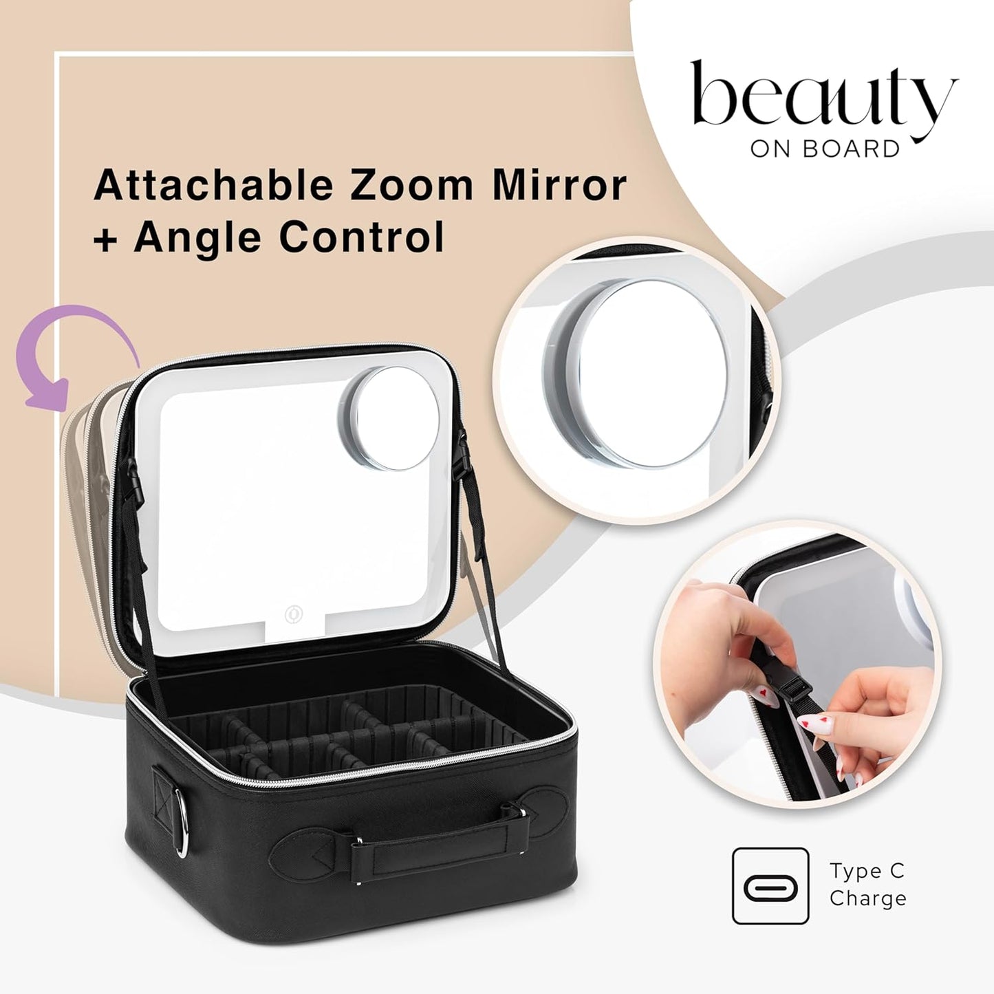 Makeup Bag with LED Mirror, PU Leather Makeup Case - 3 Adjustable Brightness Levels, Lighted Cosmetic Case with Mirror, Dividers - Make Up Portable Storage Travel Organizer with Handle