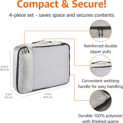 Amazon Basics 4 Piece Packing Cubes Travel Organizer Set with Double Zipper, Mesh Top, Large, Gray