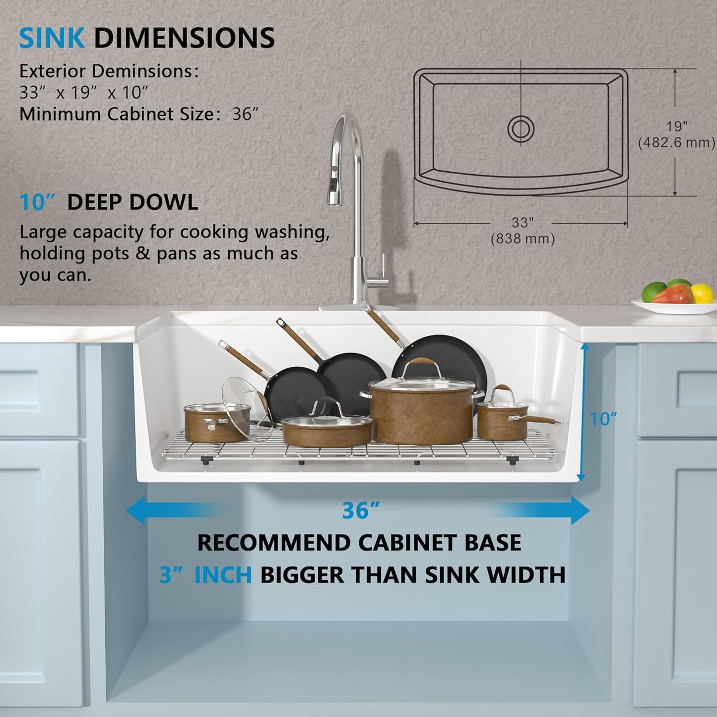 33x19 Farmhouse Kitchen Sink - Farm Curved Apron Front Ceramic Porcelain Fireclay Single Bowl Basin