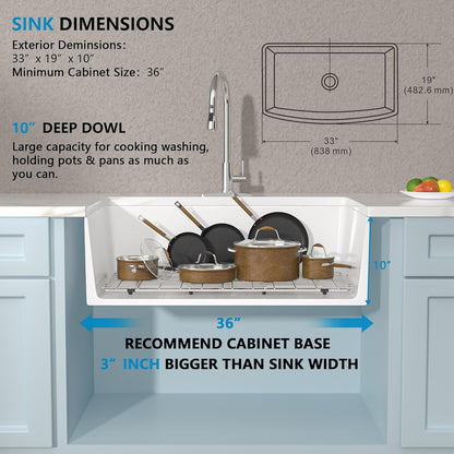 33x19 Farmhouse Kitchen Sink - Farm Curved Apron Front Ceramic Porcelain Fireclay Single Bowl Basin